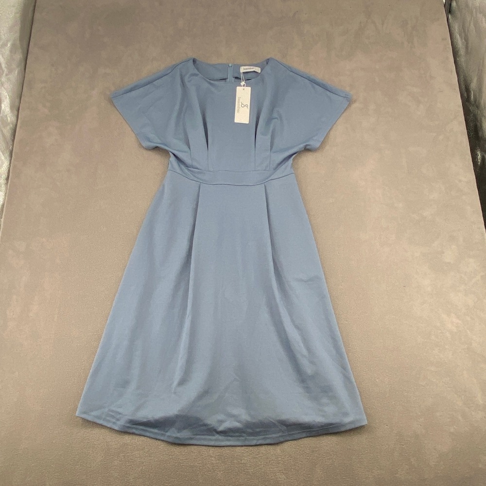 Jasambac Blue Pleated Fit and Flare Midi Dress Short Sleeve Cocktail Size S NWT